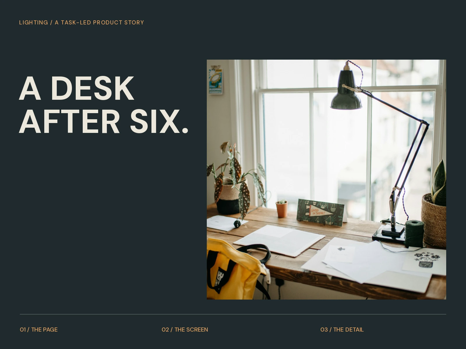 Product communication direction for A desk after six. — layout using credited real photography